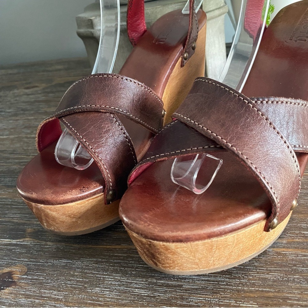 Bed|Stu Grettell Leather Wood Platform Studded Wedge Sandals 10 Brown Burgundy - Picture 7 of 12